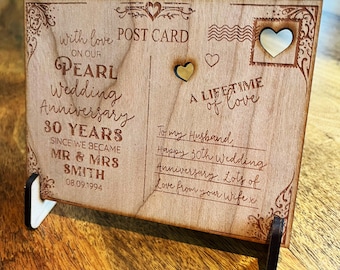 Husband Wife 30 Pearl 30th Wedding Anniversary Personalised Card Wooden Postcard