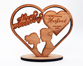 Wood Happy Wedding Anniversary Couple Heart Husband Keepsake Personalised Gift