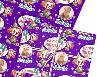 May include: Purple birthday wrapping paper featuring a repeating pattern of cartoon clowns, the name "Natalie", and the text "Happy 4th Birthday". The design includes stars and a photo of a young girl.