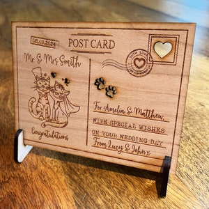 Dia do casamento gato casal recém casado cartão personalizado presente de cartão postal de madeira