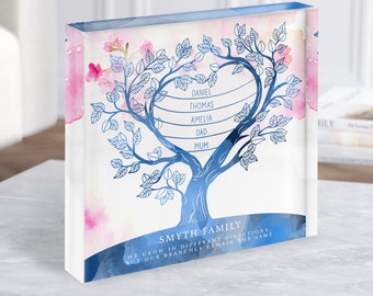 Árbol genealógico Rosa Azul Acuarela Flor Cuadrado Regalo personalizado Bloque acrílico - Regalo personalizado, Regalo de recuerdo, Regalo personalizado