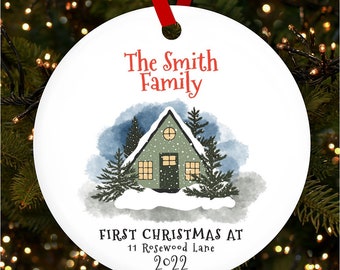 First At Snowy House Address Personalised Christmas Tree Ornament Decoration