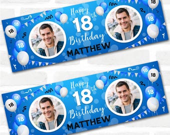 Personalised Party Banner For 18th Birthday With Photo Male Blue Balloons | Party Decoration, Event Banner. 3x1ft | 4.5x1.5ft | 6x2ft