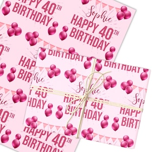 Personligt presentpapper 40-årsdag rosa för henne Anpassad presentinslagning | Ark eller rullar | Anpassat personligt presentpapper