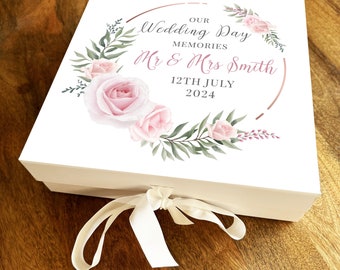 Pink White Flowers Personalised Square Wedding Day Keepsake Gift Memory Box