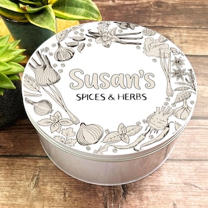 Round Beige Kitchen Icons Frame Personalised Spices & Herbs Tin
