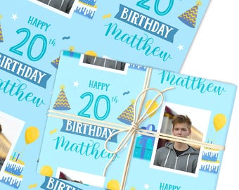 Personalised Wrapping Paper 20th Birthday Blue Photo Boys Custom Gift Wrap | Sheets or Rolls | Customised Personalized Wrapping Paper