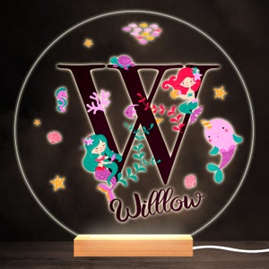 Sealife With Mermaids Alphabet Letter W Round Personalised Gift Lamp Night Light | Personalised Gift | Bedroom Lamp | Personalised Light