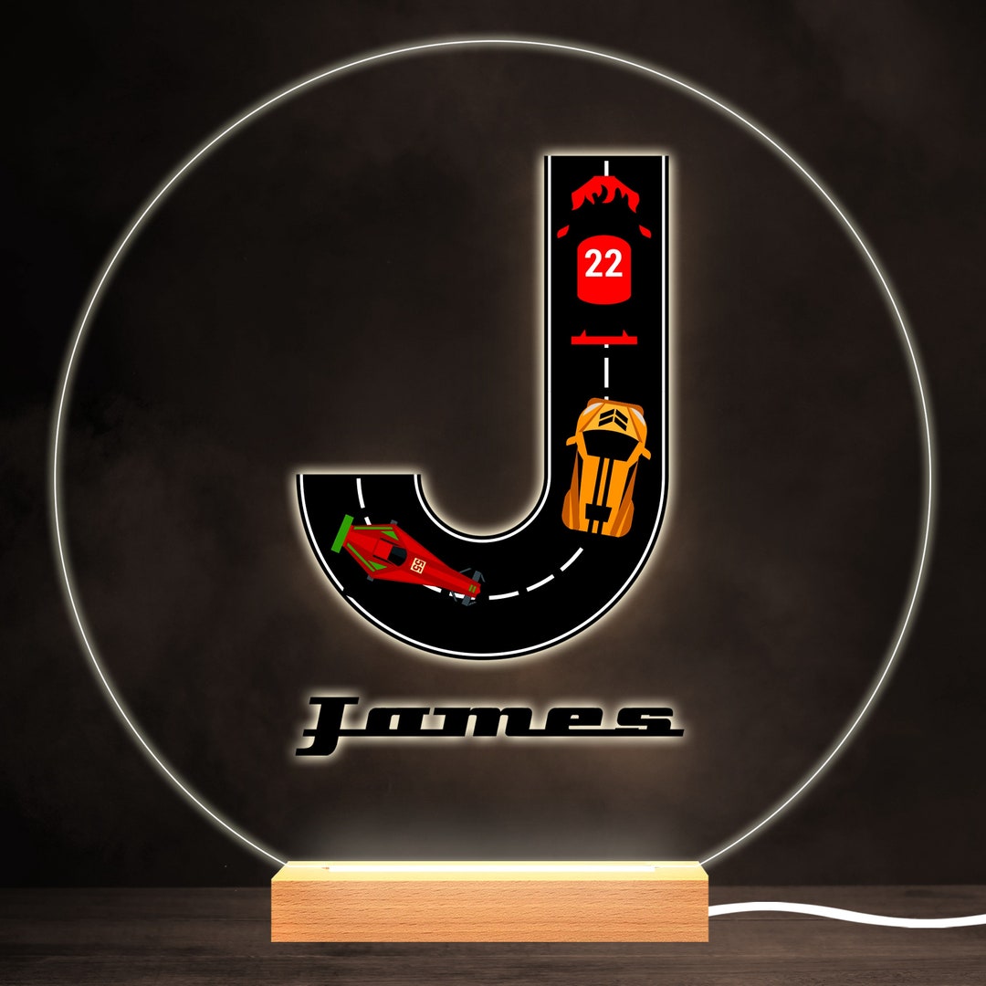 Letter J Racing Design Road Racing Cars Letter J Colourful Round Personalised Gift LED Lamp ...