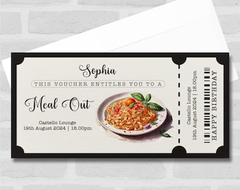 Plat de pâtes pour un repas au restaurant, en toute occasion Bon cadeau personnalisé avec billet surprise : bon de réduction, révélation surprise, bon, billet, carte