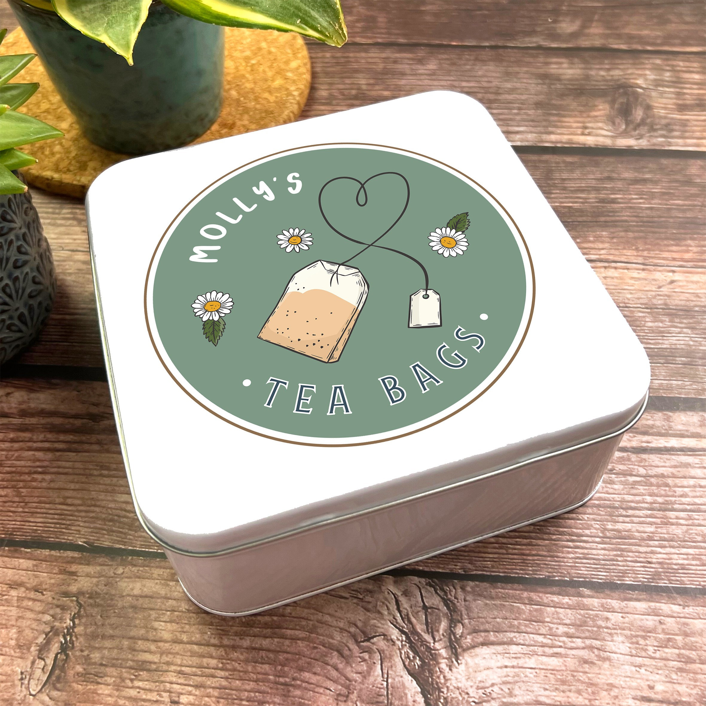 Square Tea Storage Daisies Cute Green Personalised Tea