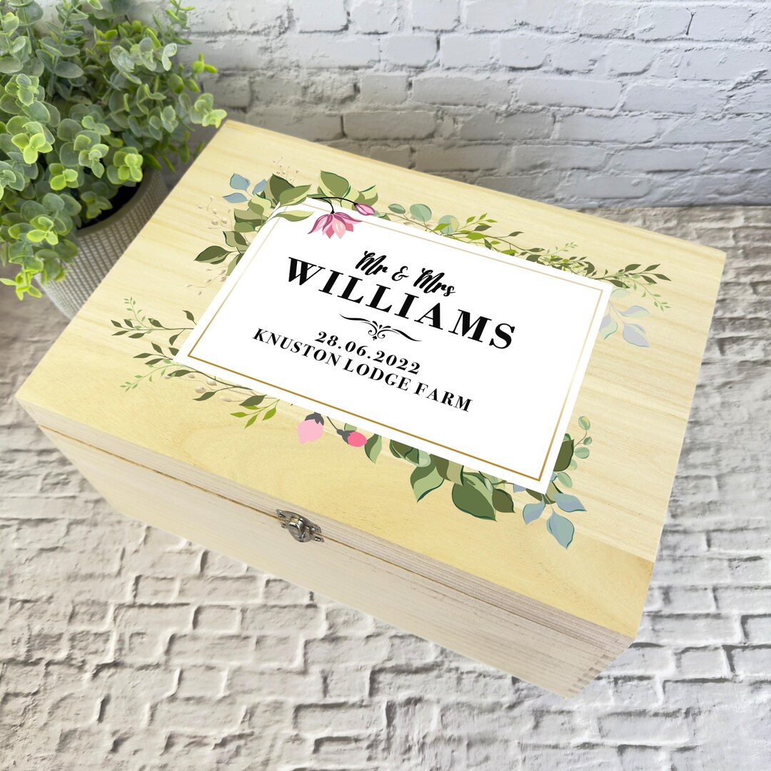 Green Leaves Floral Wedding Day Personalised Storage Wooden Memory ...