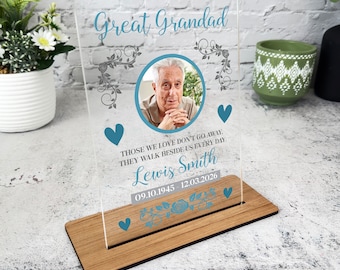 Great Grandad Memorial Keepsake Gift Blue Photo Rose Personalised Gift Plaque - Acrylic Plaque, Personalised Memorial Present Gift