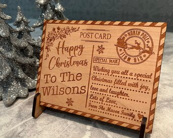 Stripy Personalised Wooden Christmas Postcard - Engraved Christmas Card & Stand
