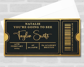 Any Occasion Concert Theatre Show Personalised Surprise Ticket Gift Voucher- Coupon, Surprise Reveal, Voucher, Ticket, Card
