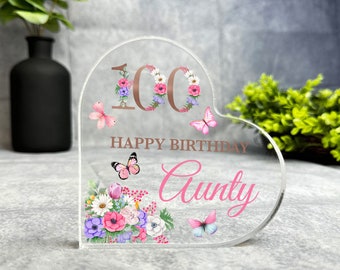 Placa de recuerdo con forma de corazón para el centenario de mi tía, con flores rosas y moradas. Regalo personalizado, adorno, placa acrílica.