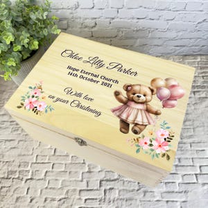 Dress Teddy Bear Balloons Girls Christening Personalised Wooden Keepsake Box - Memory Storage Box - Christening Wooden Keepsake Boxes