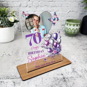 70th Birthday Gift For Her Purple Balloons Heart Photo Personalised Gift Plaque - Acrylic Plaque, Personalised Birthday Present Gift