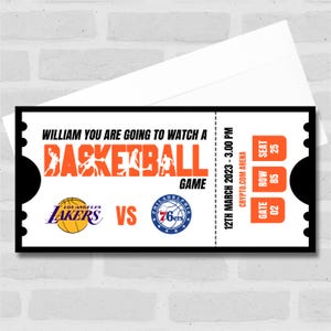 Billet surprise personnalisé pour regarder un match de basket-ball - Coupon, révélation surprise, bon, billet, carte