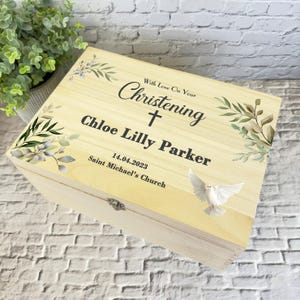 Hojas verdes blanco floral paloma bautizo caja de recuerdos de madera personalizada - caja de almacenamiento de memoria - cajas de recuerdos de madera de bautizo