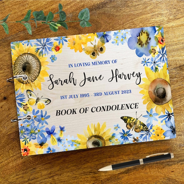 Sunflowers Butterflies Sympathy In Loving Memory Funeral Condolence Guest Book | Personalised Funeral Condolence Book |Sympathy Book