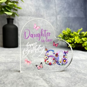 Daughter-In-Law 60th Purple Floral Birthday Present Heart Plaque Keepsake Gift - Gift, Custom Present, Trinket, Ornament, Acrylic Plaque