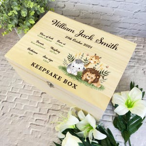 Safari Animals New Baby Personalised Storage Wooden Memory Keepsake Box ...