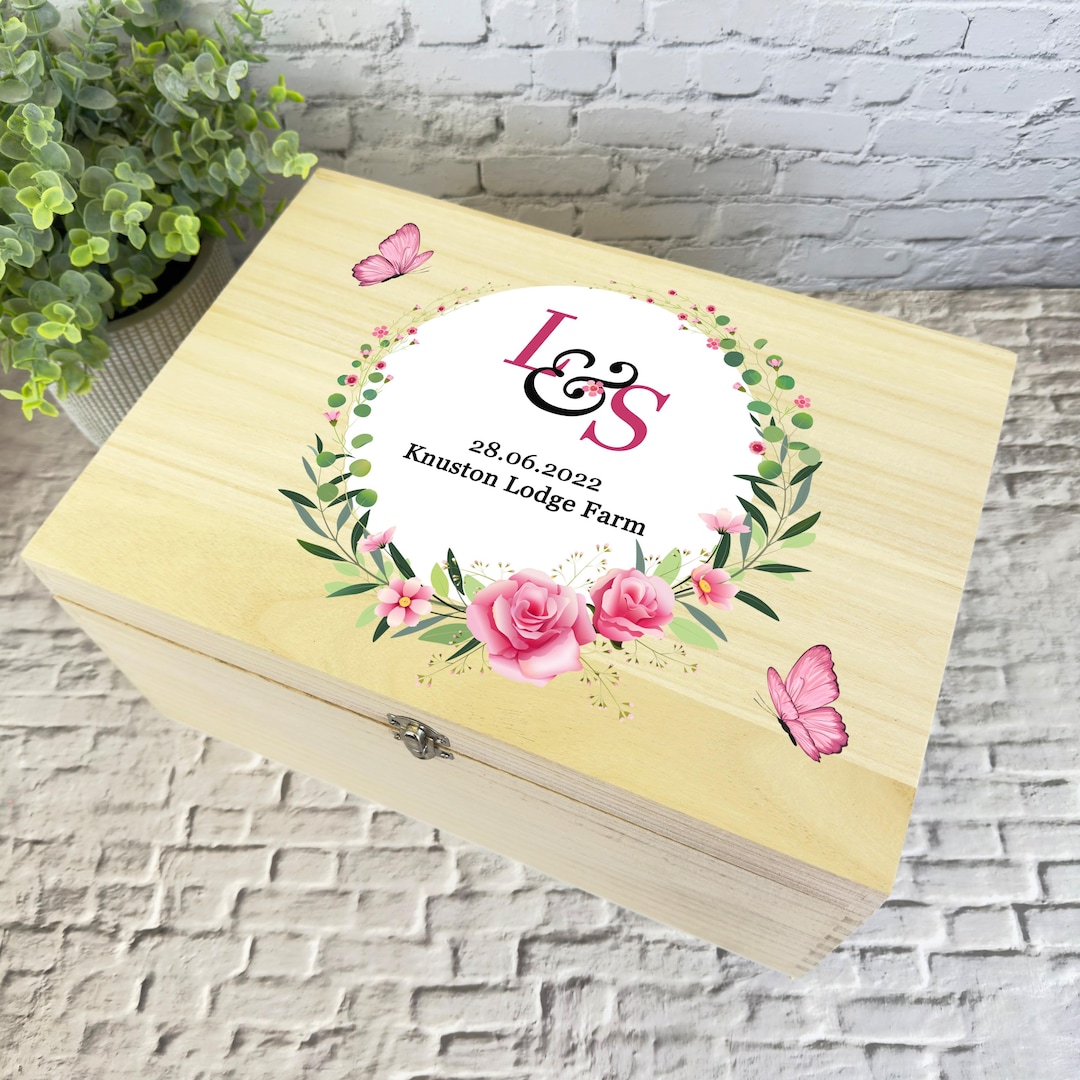 Pink Floral Initials Wreath Wedding Day Personalised Wooden Memory ...
