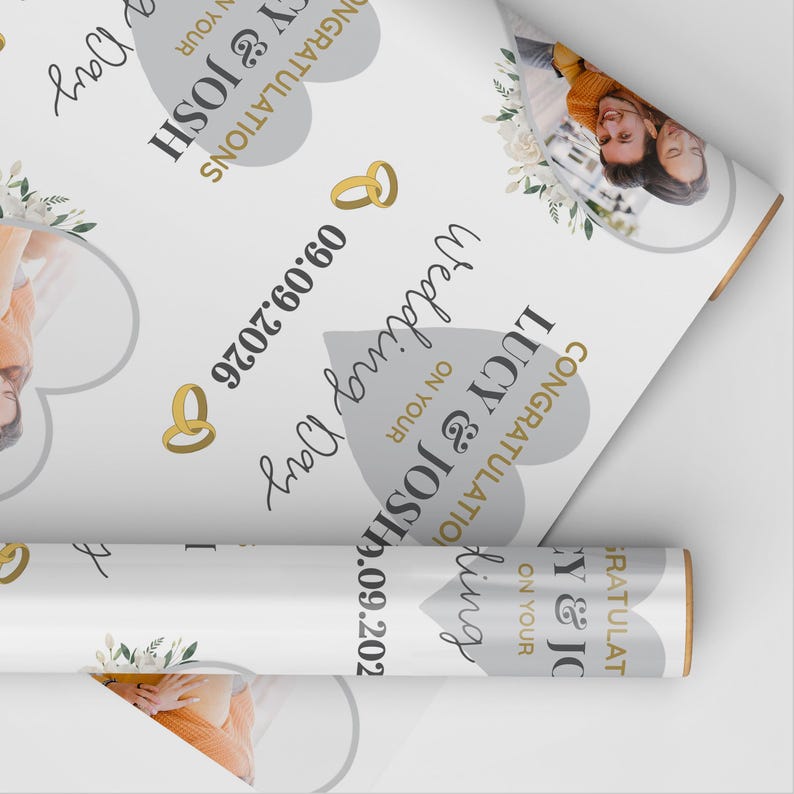 Personalised Wrapping Paper Wedding Day Photo White Flowers Heart Gift ...