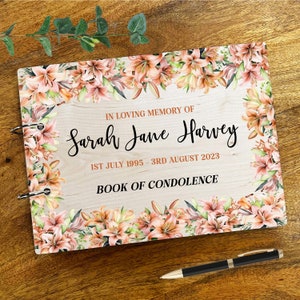 Pêche, corail, lys, condoléances, condoléances et condoléances, livre d'or | Livre de condoléances funéraires personnalisé | Livre de sympathie