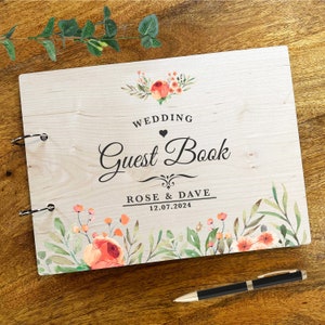 Madera acuarela naranja floral mensaje notas recuerdo boda libro de visitas personalizado boda libro de visitas libro de recuerdos libro de visitas memoria