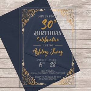 30th Or Any Age Gold Elegant Deco Line Acrylic Clear Birthday Party Invitations