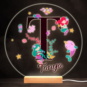 Sealife With Mermaids Alphabet Letter T Round Personalised Gift Lamp Night Light | Personalised Gift | Bedroom Lamp | Personalised Light