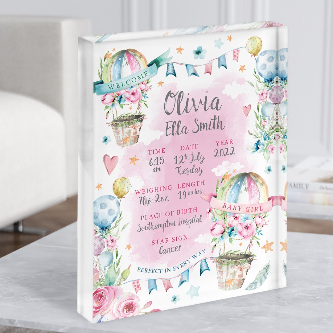 New Baby Birth Details Nursery Christening Hot Air Balloon Girl Acrylic ...