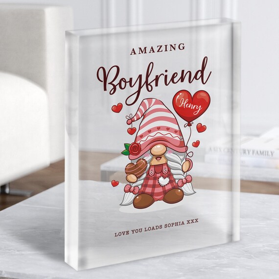 Romantic Gift For Fiancee Gnome With Love Heart Personalised Acrylic Block - Personalised Gift, Keepsake Gift, Custom Gift
