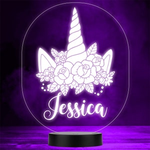 Flowers & Unicorn Horn Kids Pretty Personalised Gift Colour Changing Night Light