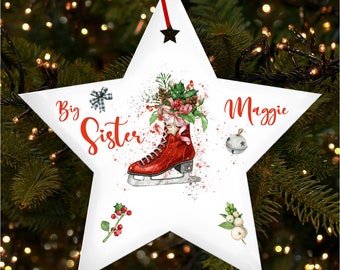 Red Ice Skate Big Sister Star Personalised Christmas Tree Ornament Decoration