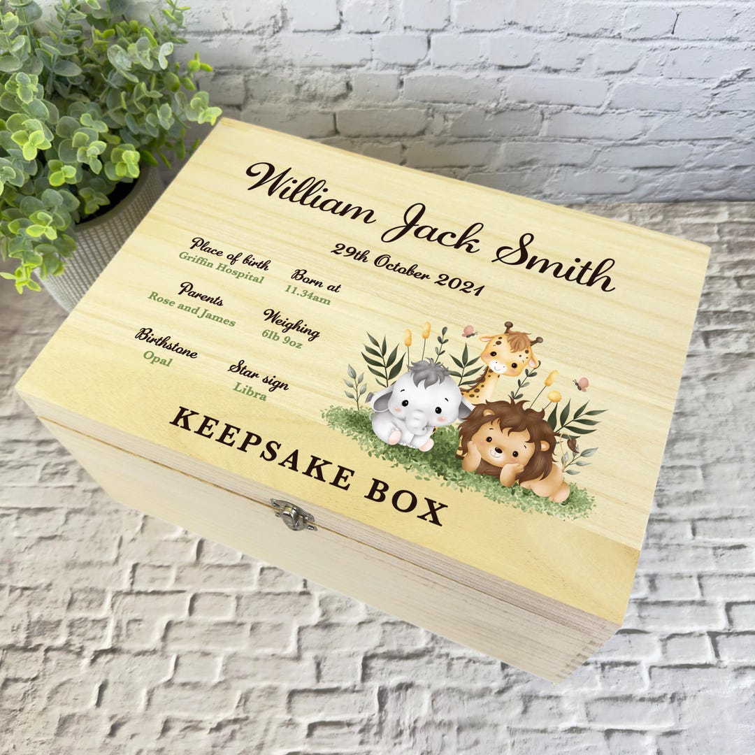 Safari Animals New Baby Personalised Storage Wooden Memory Keepsake Box ...