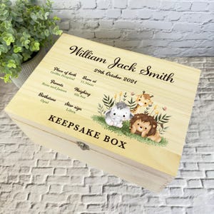 Safari Animals New Baby Personalised Storage Wooden Memory Keepsake Box ...