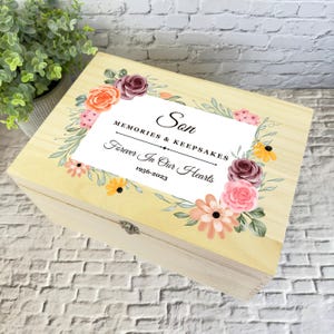 Son Memories Acuarela Floral Memorial Caja de recuerdos de madera personalizada - Caja de almacenamiento de memoria - Cajas de memoria de madera conmemorativas