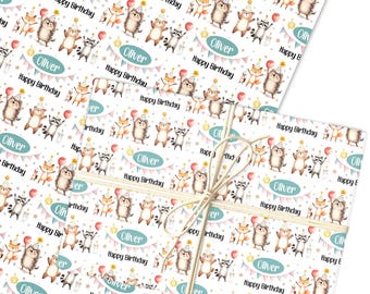 Personalised Wrapping Paper Kids Birthday Woodland Animal White Custom Gift Wrap | Sheets or Rolls | Customised Personalized Wrapping Paper