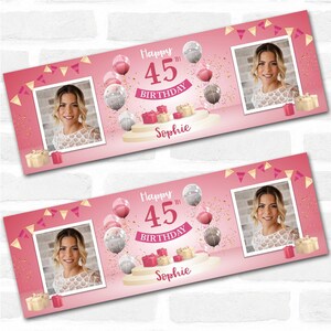 Personlig festbanderoll för 45-årsdag med fotokvinnlig rosa ballongpresent | Festdekoration, evenemangsbanderoll. 3 x 1 fot | 4,5 x 1,5 fot | 6 x 2 fot