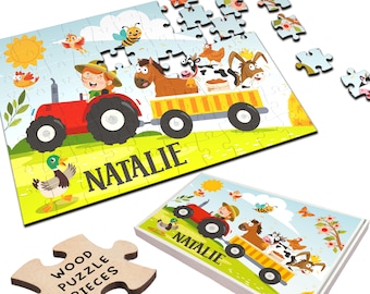 Tractor Dierenboerderij meisje kinderen kindercadeau Gepersonaliseerde houten puzzel | Gepersonaliseerd cadeau, aangepaste puzzel, kwaliteitshout, leuk cadeau