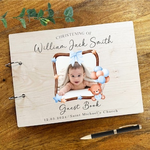 Lindo acuarela oso de peluche foto mensaje notas recuerdo bautizo libro de visitas / libro de visitas de bautizo personalizado / libro de recuerdos