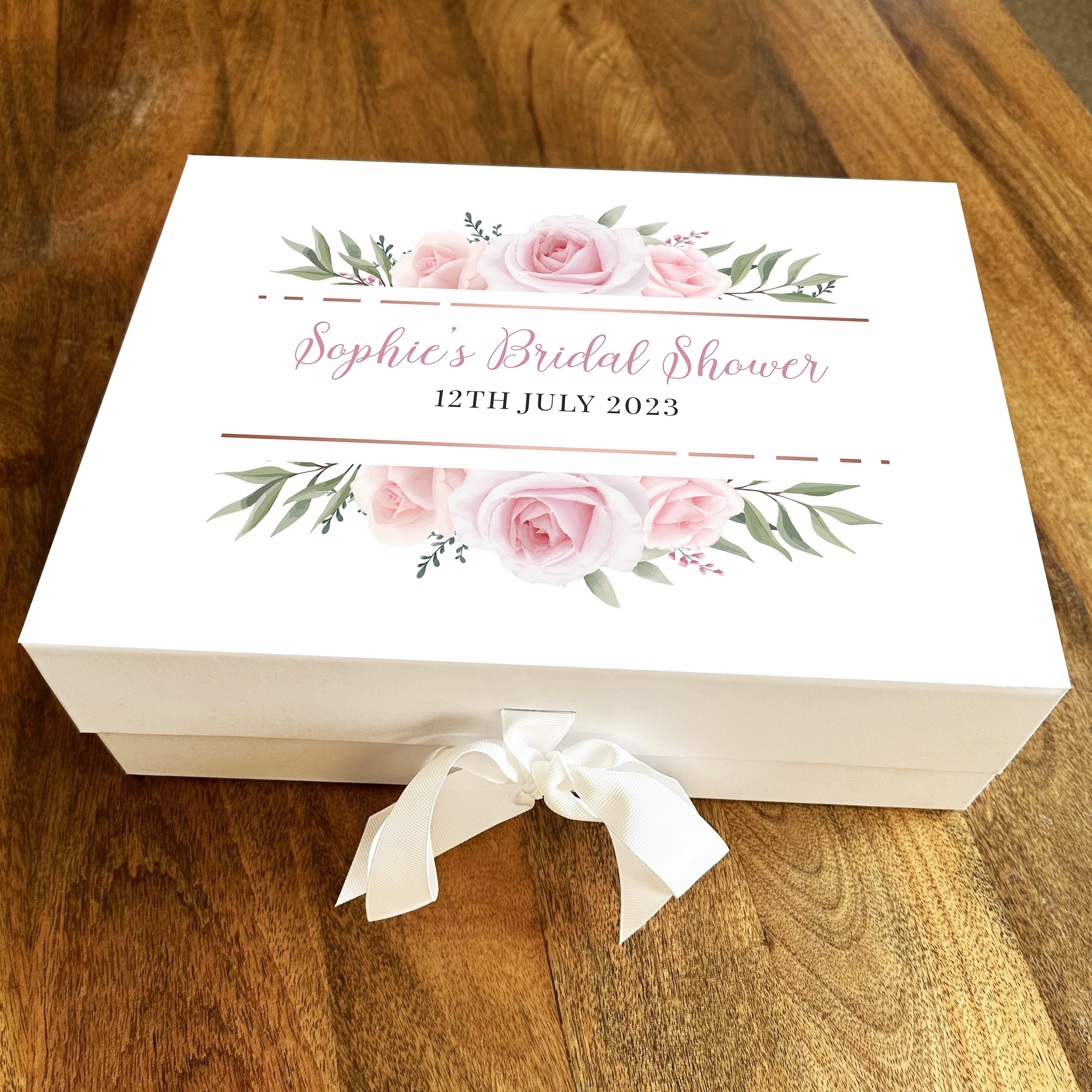 White Custom Bride Gift Box Personalised with Wedding Date – Pink Positive