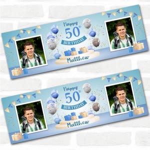Personalised Party Banner For 50th Birthday With Photo Male Blue Balloon Gift | Party Decoration, Event Banner. 3x1ft | 4.5x1.5ft | 6x2ft