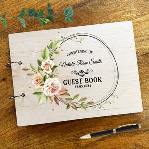 Madera acuarela floral corona mensaje notas recuerdo bautizo libro de visitas / libro de visitas de bautizo personalizado / libro de recuerdos