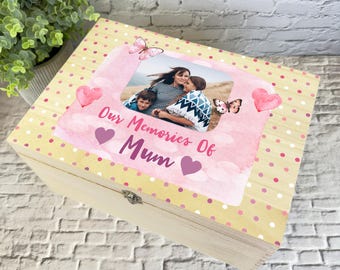 Our Memories Of Mum Pink Photo Memorial Personalised Wooden Memory Keepsake Box - Memory Storage Box - Memorial Wooden Memory Boxes