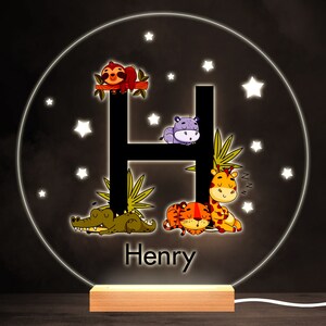 Bebé durmiente Safari Animales Letra H Ronda Lámpara de regalo personalizada Luz nocturna / Regalo personalizado / Lámpara de dormitorio / Luz personalizada