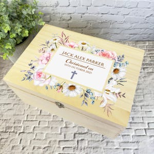 Watercolour White Pink Blue Cross Christening Personalised Wooden Keepsake Box - Memory Storage Box - Christening Wooden Keepsake Boxes